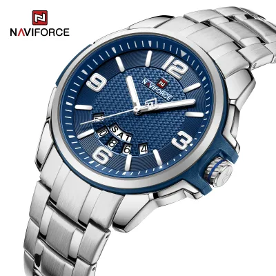 NAVIFORCE 9215 Men Wristwatch Top Brand Luxury Waterproof Watch Original Stainless Steel Sport Military Quartz Male Clock - Silver Blue